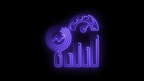 Neon glowing analytics dashboard with magnifying glass graph and speedometer Stock Footage 333961084