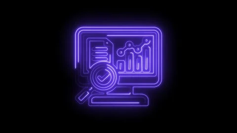 Neon glowing analytics dashboard with magnifying glass and checkmark icon Stock Footage 333963656