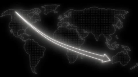 Neon glowing arrow crossing dotted world map animation Stock Footage 335488097