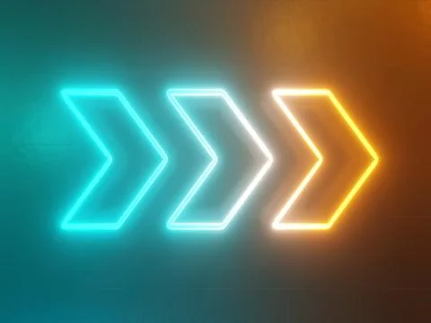 Neon glowing arrow, pointer abstract green and yellow background. 3d renderin Stock Illustration