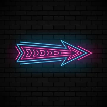 Neon glowing arrow pointer on dark brick background. Colorful and shining ret Stock Illustration