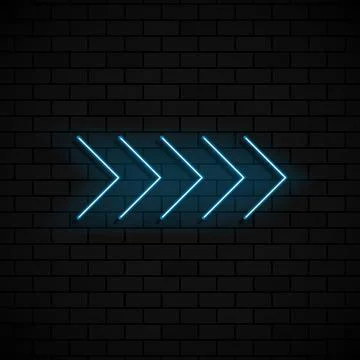 Neon glowing arrow pointer on dark brick background. Colorful and shining ret Stock Illustration