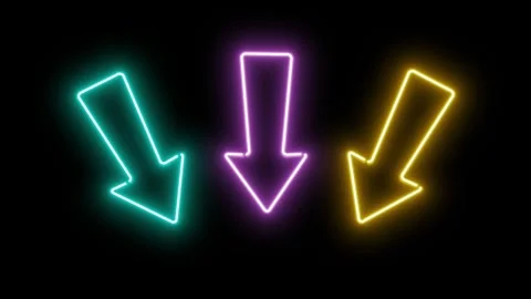 Neon glowing arrows drawing animation with cyan purple and yellow light on black Stock Footage 334095510