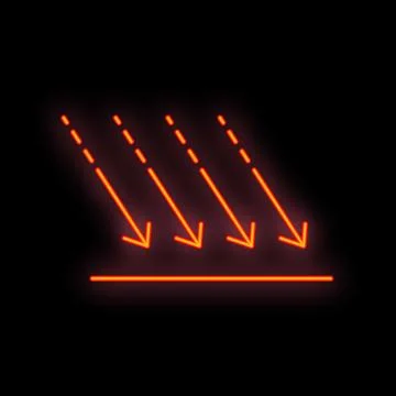 Neon glowing arrows pointing down on surface on black background Stock Illustration