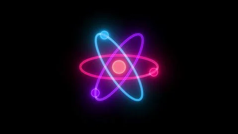 Neon glowing atom loopable cyan purple pink color in black background Stock Photos