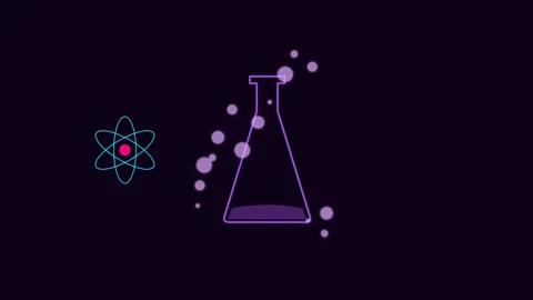A neon glowing atom symbol next to a conical flask with floating particles Vídeos de archivo 336263518