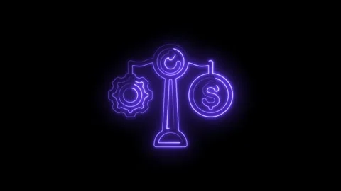 Neon glowing balance scale comparing gear and dollar sign symbolizing business Video stock 333953757