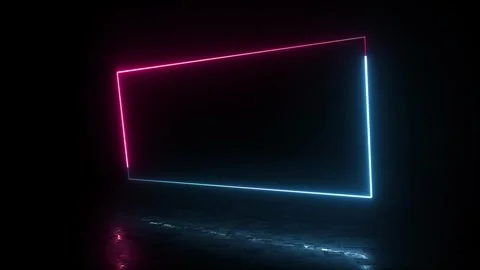 Neon glowing banner 3D frame loop in pink and blue on dark reflective surface Stock Footage 337412418