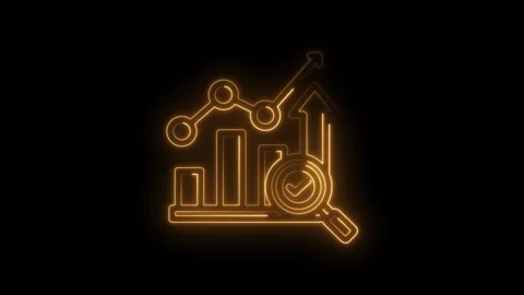 Neon glowing bar chart with rising arrow and magnifying glass checkmark icon Stock Footage 333963683