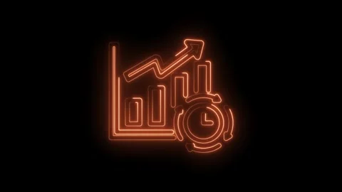 Neon glowing bar chart with upward arrow and circular timer icon representing Stock Footage 333957322