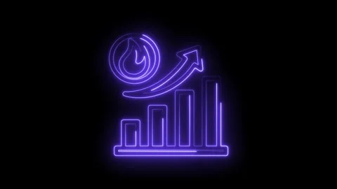 Neon glowing bar chart with upward arrow and fire icon representing growth Stock Footage 333961079