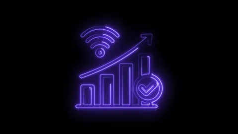 Neon glowing bar graph with upward arrow wifi symbol and checkmark on icon .. Stock Footage 346103882