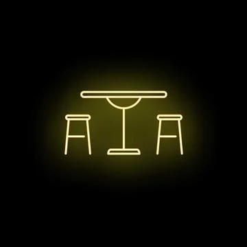 Neon glowing bar table with stools outline icon Stock Illustration