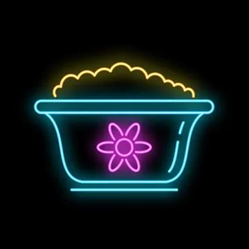 Neon glowing basin with soapy foam and flower Stock Illustration