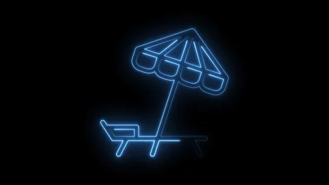 Neon glowing beach umbrella and lounge chair on a black background animation Stock Footage 322980432