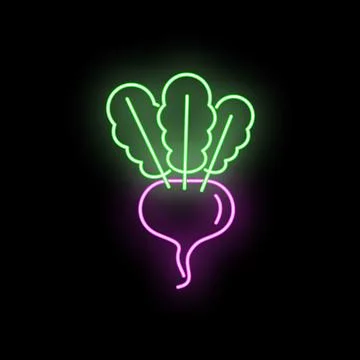 Neon glowing beet icon with luminous leaves Stock Illustration