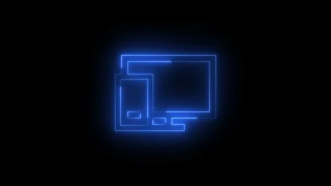 Neon glowing blue color pc device connect icon on black background animation Video stock 273571253