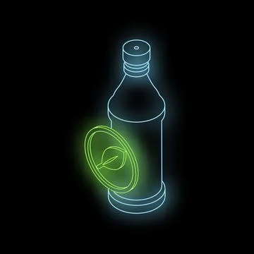 Neon glowing blue plastic bottle with green leaf isometric view Stock Illustration