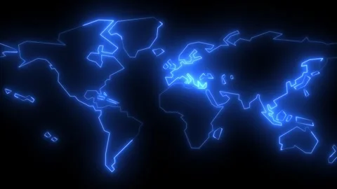 Neon glowing blue world map icon animation in black background Vidéo 267078406