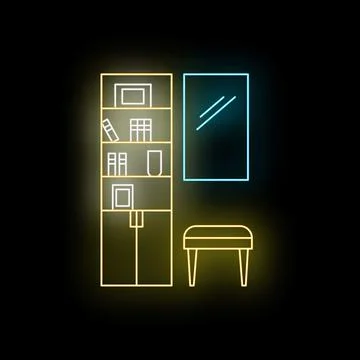 Neon glowing bookshelf with decor elements and mirror Illustration