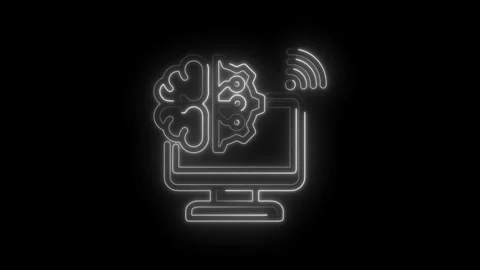 Neon glowing brain integrated with computer gear and wifi signal on black Stock Footage 333952543