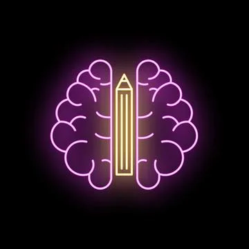 Neon glowing brain with pencil for creative thinking Stockillustratie