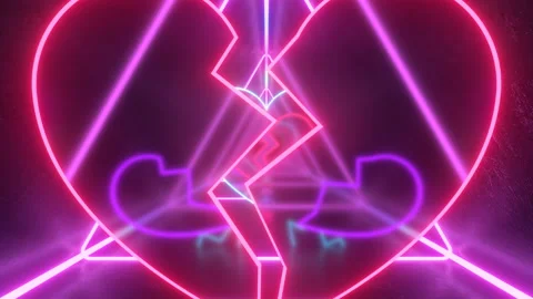 Neon Glowing Breaking Heart Split Cracked Love Symbol Lights Tunnel Stock Footage 195500712