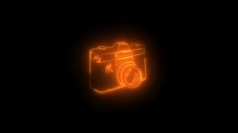 Neon glowing brown camera icon animation in black background Видео 265840455
