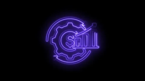 Neon glowing business analytics gear with upward trending bar graph and dollar Stock Footage 333969197