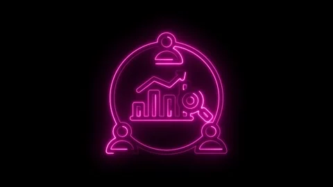 Neon glowing business analytics icon with bar graph magnifying glass and people Stock Footage 333957028
