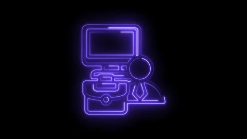 Neon glowing business icon computer briefcase person award medal symbol on black Stock-Footage 333955972