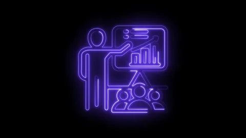 Neon glowing business presentation with speaker and audience icons on black Stock Footage 333957406