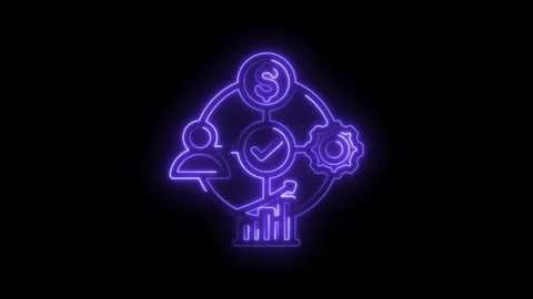 Neon glowing business process icon with dollar sign gear person and graph Stock Footage 333957528