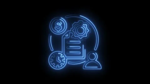 Neon glowing business process management icon with clock gear dollar coin and Stock Footage 333968693