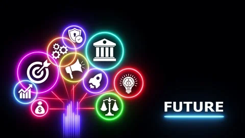 Neon glowing business tree concept with digital icons for future developmen.. Stockbeeldmateriaal 335602733