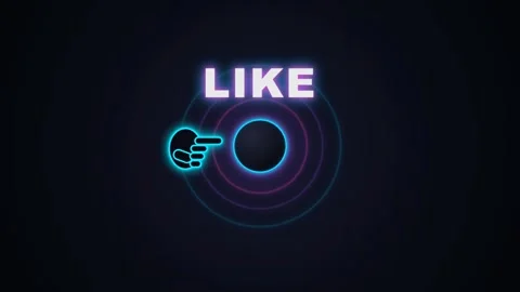 Neon glowing like button animation with finger pointing icon on dark blue Stock Footage 344773807