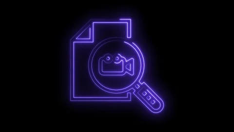 Neon glowing camera searching in document concept animation on black background Stock Footage 322986272