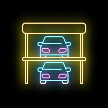 Neon glowing cars in multi level parking icon Ilustración de archivo