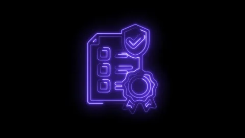 Neon glowing certificate with checklist and shield icon representing approval Stock Footage 333966568