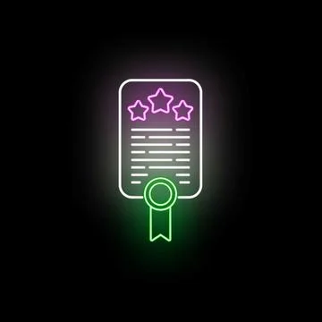 Neon glowing certificate icon symbolizing achievement and quality Stock Illustration