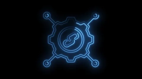 Neon glowing chain link inside gear connecting dots on black background Stock Footage 330777879