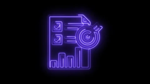 Neon glowing checklist document with target dart and bar graph progress success Stock Footage 333957502