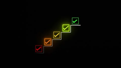 Neon glowing checkmarks on steps, progressive goal achievement, task completion Stock Footage 336462742