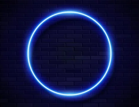 Neon Glowing Circle Blue Frame for Banner on Dark Empty Grunge Brick Backgrou Stock Illustration