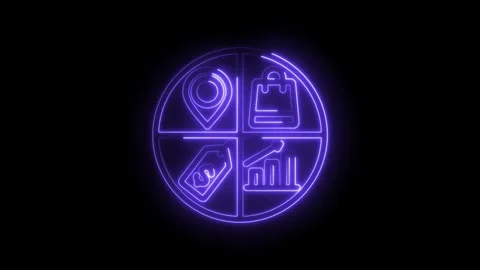 Neon glowing circle divided into four segments featuring shopping bag location Stock Footage 333964990