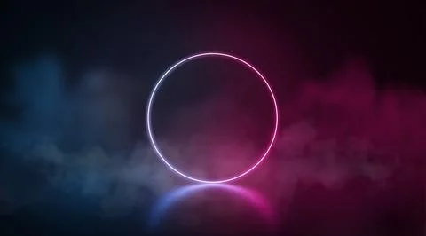Neon glowing circle frame stand in darkness with fog effect Illustrazione stock