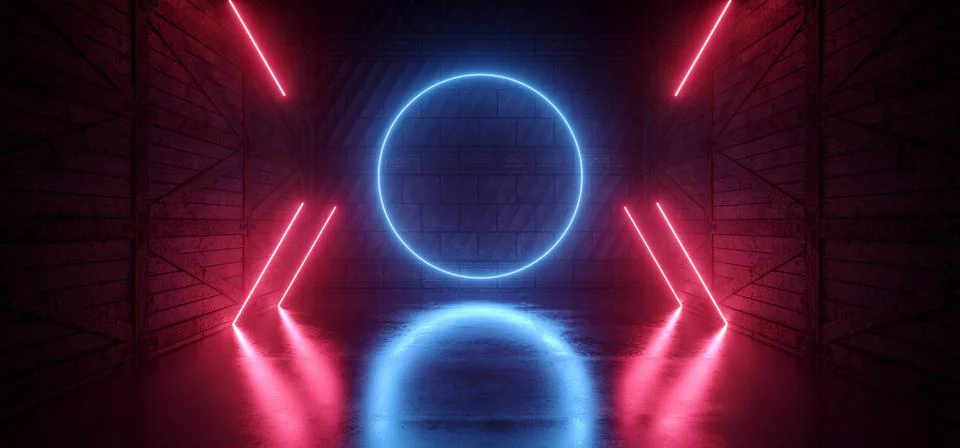 Neon Glowing Circle Lines Sci Fi Futuristic Warehouse Garage Stage Blue Red.. Illustrazione stock
