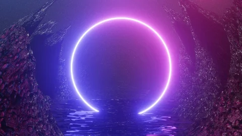 A neon glowing circle moves over the water on a rocky planet 스톡 동영상 124782837