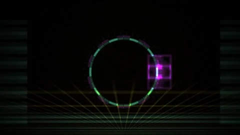Neon Glowing Circle with Moving Square Target on Dark Grid Background Stock Footage 343736278