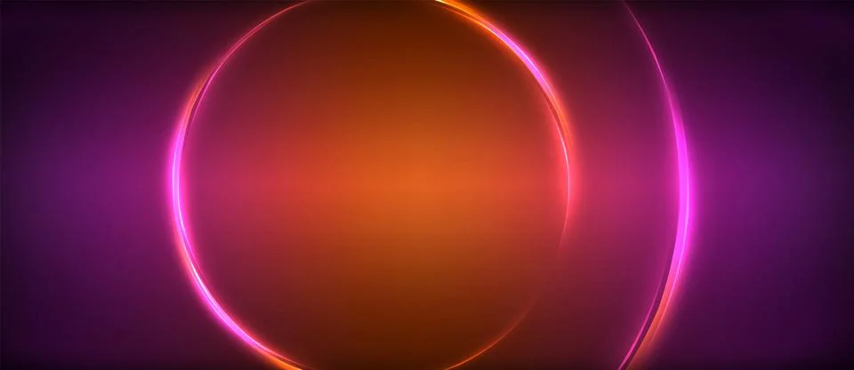 Neon glowing circle rays, light round lines in the dark, planet style neon wave Stock Illustration